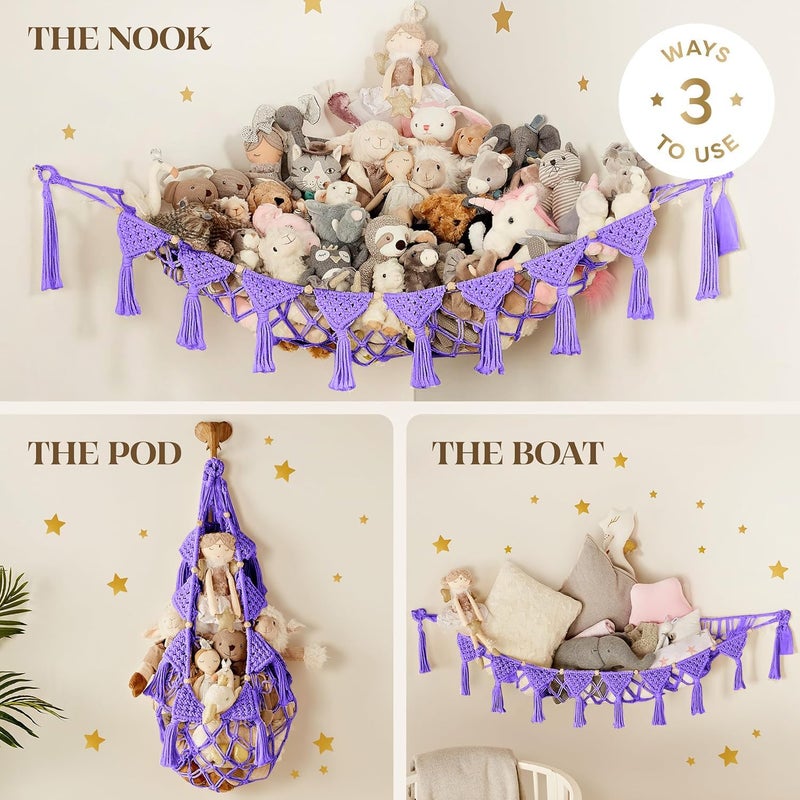 TIDYTEDS Macrame DreamLights Boho Stuffed Animal Storage Net Hammock Extra Large Plush Toy Storage Holder For Small Or Large Plushies PURPLE (Purple) - Image 4